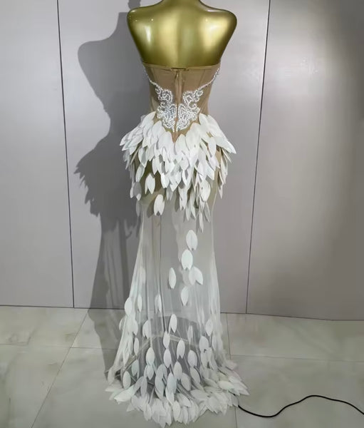 Women Sexy Strapless Beaded Sequins Side Split Maxi Dress