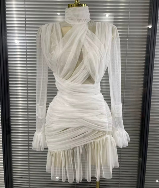 Women White Sexy Ruffled Ruched Mesh Full Sleeve Dress