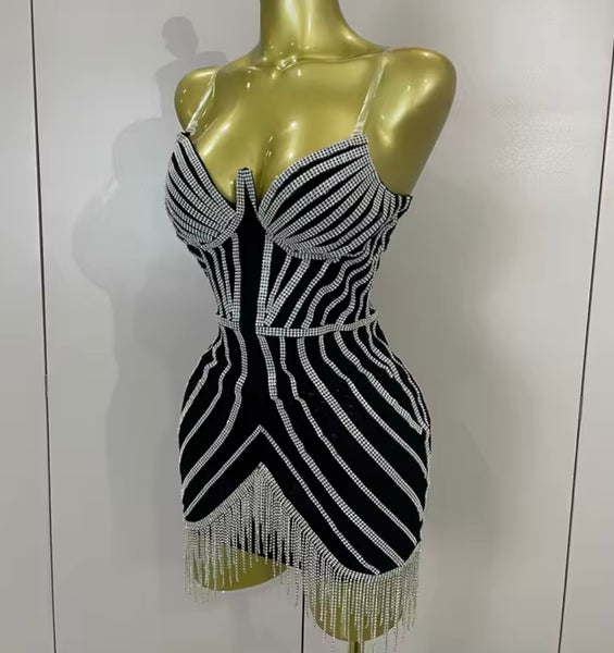 Women Sexy Sleeveless Black Rhinestone Tassel Dress