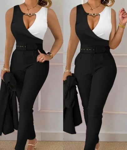 Women Sexy Sleeveless Color Patchwork Fashion Jumpsuit