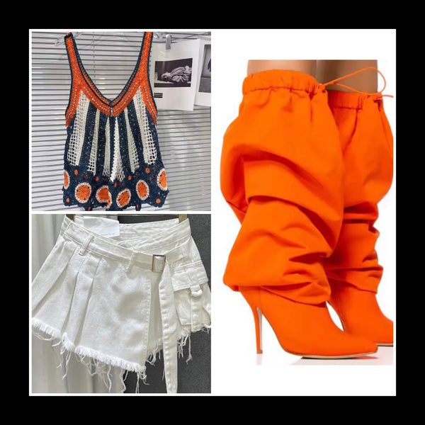 Women Fashion Orange Ruched Drawstring Over The Knee Boots