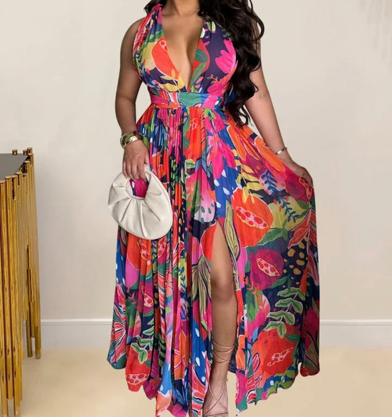 Women Sexy Sleeveless Multicolored Print Maxi Dress