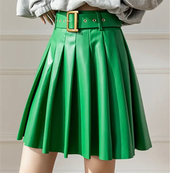 Women Belted Faux Leather Fashion Please Skirt