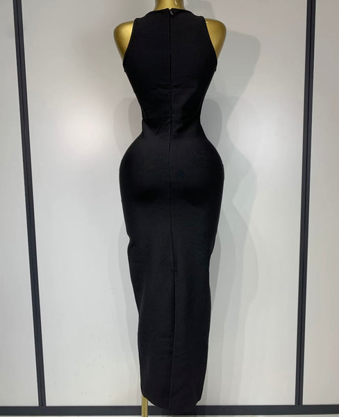 Women Sexy Sleeveless Crystal Rhinestone Cut Out Black Maxi Dress