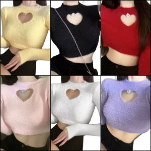 Women Fashion Furry Cut Out Heart Full Sleeve Crop Top