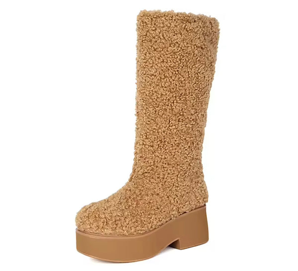 Women Fashion Furry Fleece Platform Knee High Boots