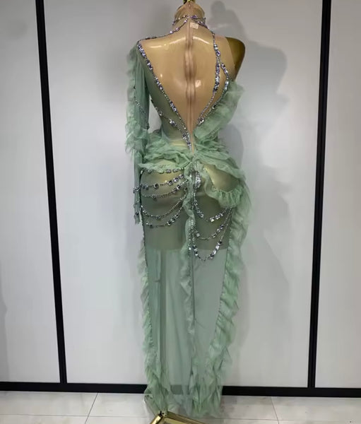 Women Green Ruffle Rhinestone One Shoulder Asymmetrical Dress