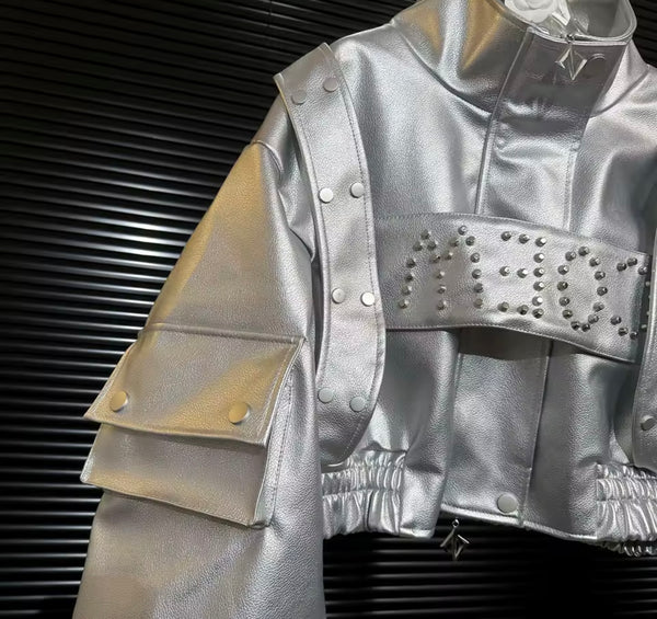 Women Fashion Rivet Faux Leather Jacket