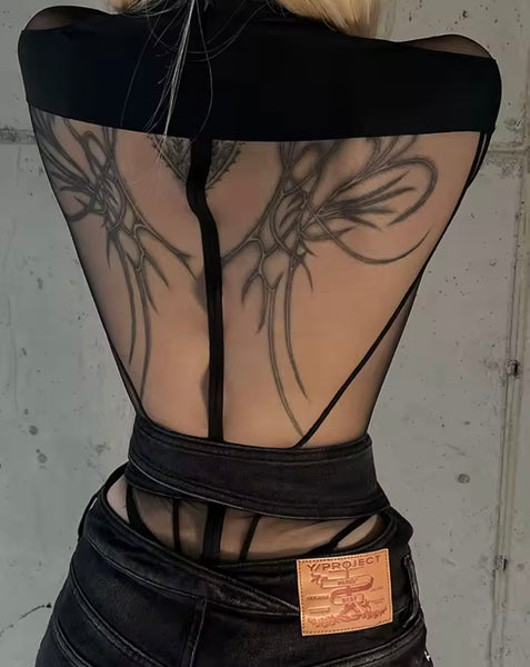 Women Sexy Fashion Black Mesh Full Sleeve Bodysuit Top