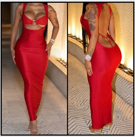 Women Red Sexy Sleeveless Open Back Maxi Dress