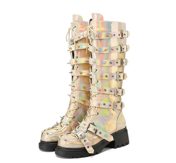 Women Fashion Platform Buckled Lace Up Knee High Boots