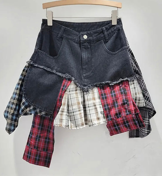 Women Fashion Denim Plaid Patchwork Skirt