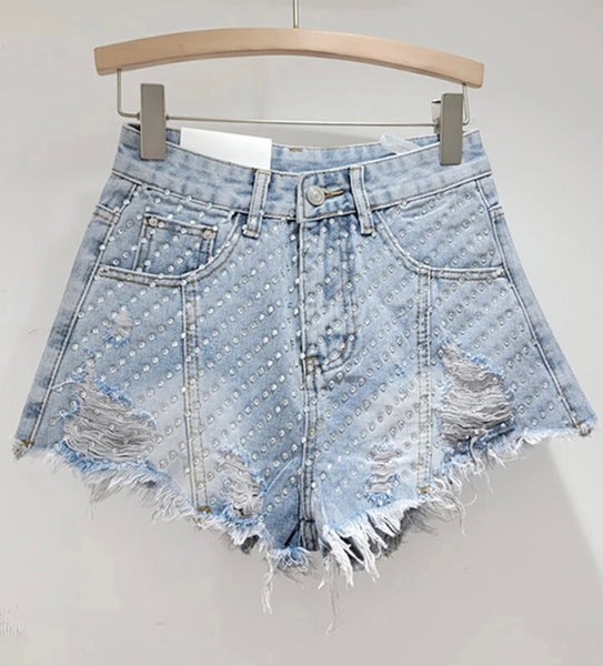 Women Fashion Ripped Rhinestone Patchwork Denim Shorts