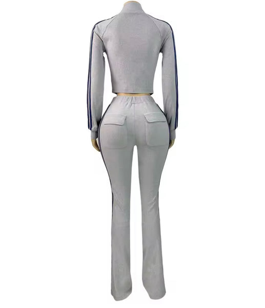 Women Fashion Velour Striped Zip Up Tracksuit Two Piece Pant Set