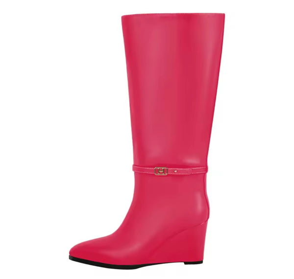 Women Fashion Color Faux Leather Buckle Wedge Knee High Boots