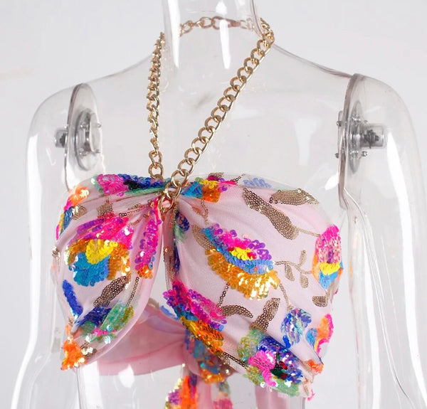 Women Sexy Floral Chain Halter Crop Top