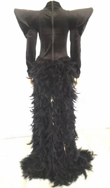 Women Sexy Full Sleeve Bling Feather Mesh Patchwork Velour Maxi Dress