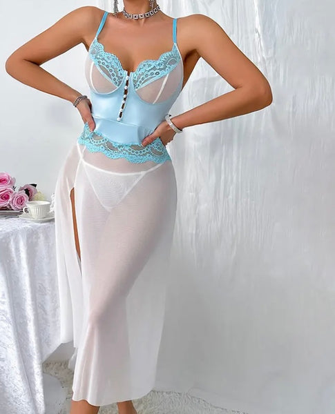 Women Sexy Lace Mesh Nightgown Lingerie Set