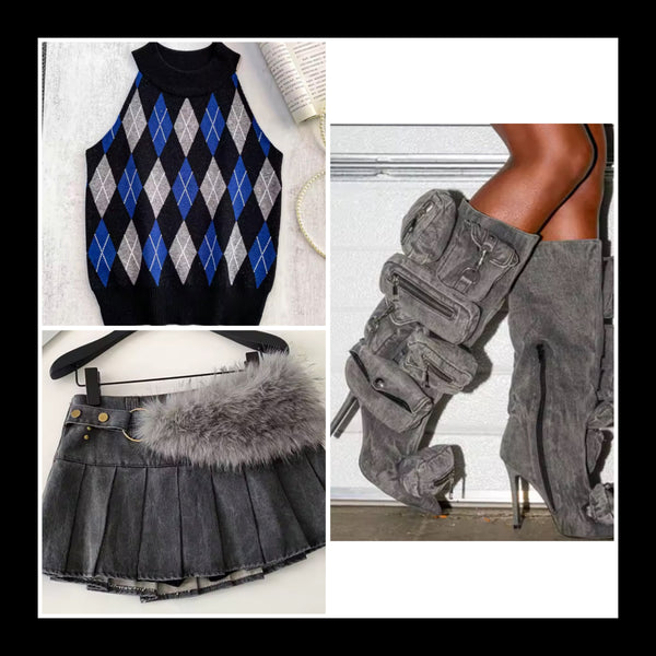 Women Color Fashion Fur Buckle Pleated Denim Skirt