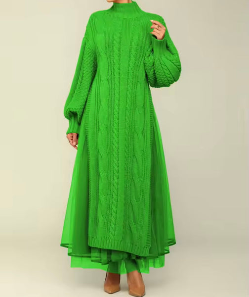 Women Turtleneck Full Sleeve Knitted Sweater Maxi Dress
