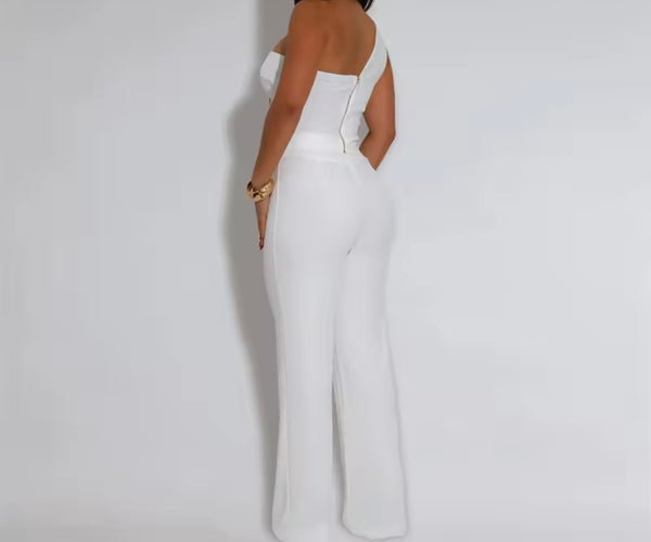 Women One Shoulder Sleeveless Solid Color Two Piece Pant Set
