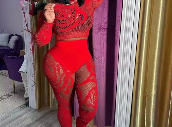 Women Sexy Fashion Full Sleeve Mesh Feet In Two Piece Pant Set