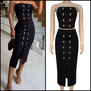 Women Sexy Strapless Black Metal Lace Up Two Piece Skirt Set