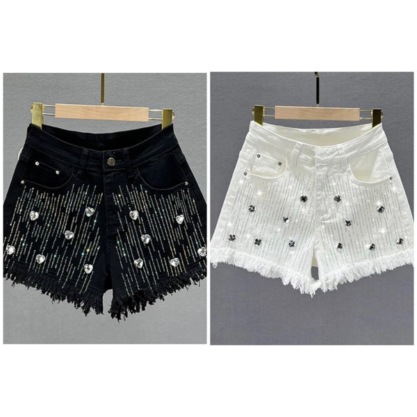 Women Fashion Fringe Heart Bling Denim Shorts