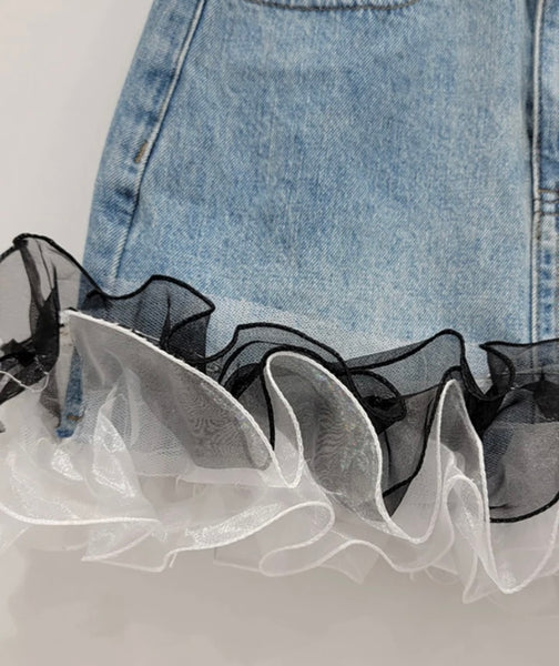 Women Fashion Ruffled Mesh Denim Skirt