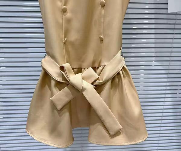 Women Khaki Button Sleeveless Belted Dress