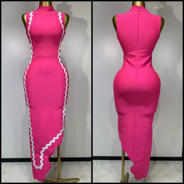 Women Sexy Pink Sleeveless Striped Asymmetrical Maxi Dress