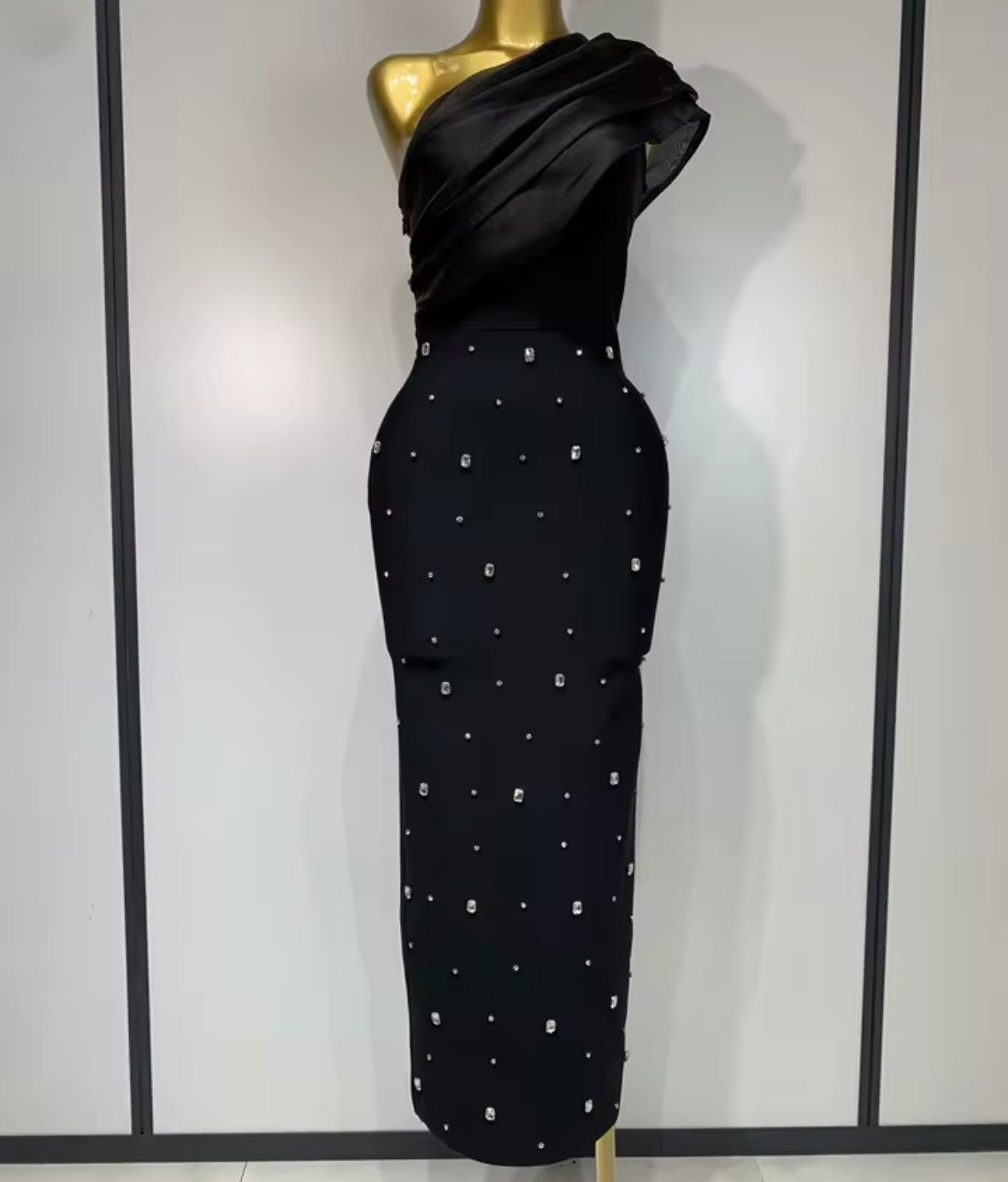 Women Sexy One Shoulder Mesh Sleeveless Crystal Maxi Dress