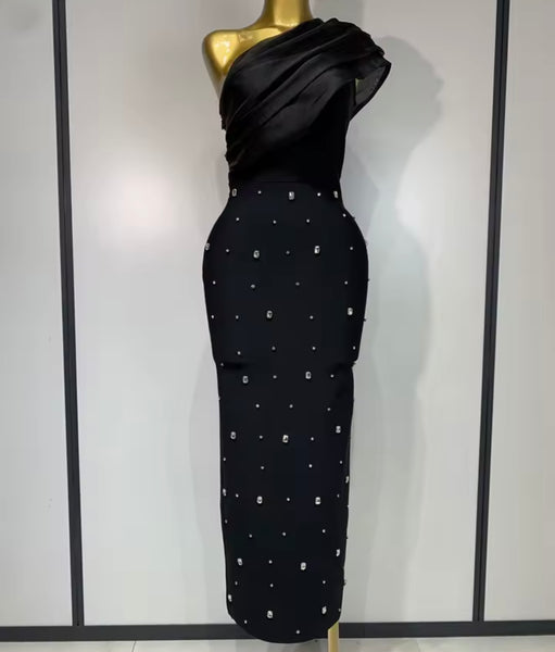 Women Sexy One Shoulder Mesh Sleeveless Crystal Maxi Dress