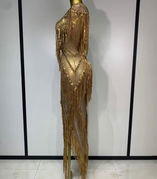 Women Sexy Sleeveless Gold Rhinestone Tassel Maxi Dress