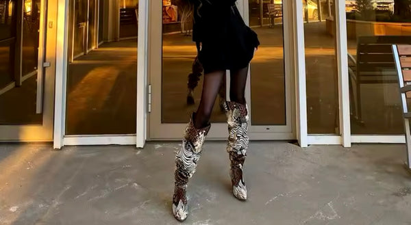Women Fashion Animal Print Ruched Knee High Western Boots