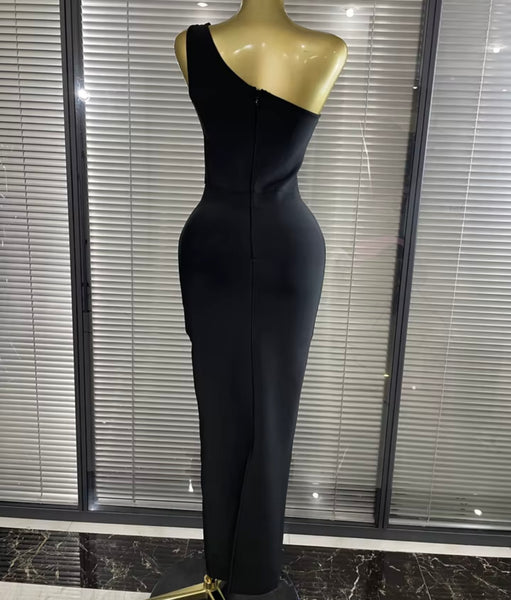 Women Black Rhinestone One Shoulder Sleeveless Maxi Dress