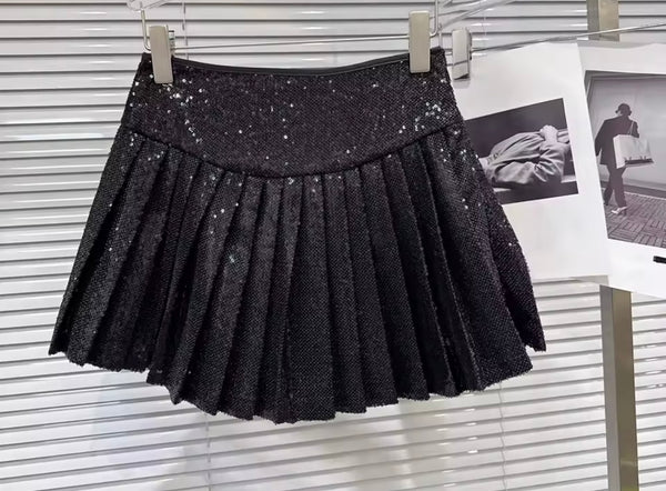Women Sexy Sequins Halter Sleeveless Two Piece Pleated Skirt Set