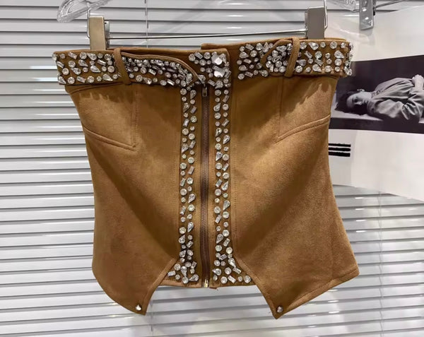 Women Fashion Strapless Suede Rhinestone Crop Top
