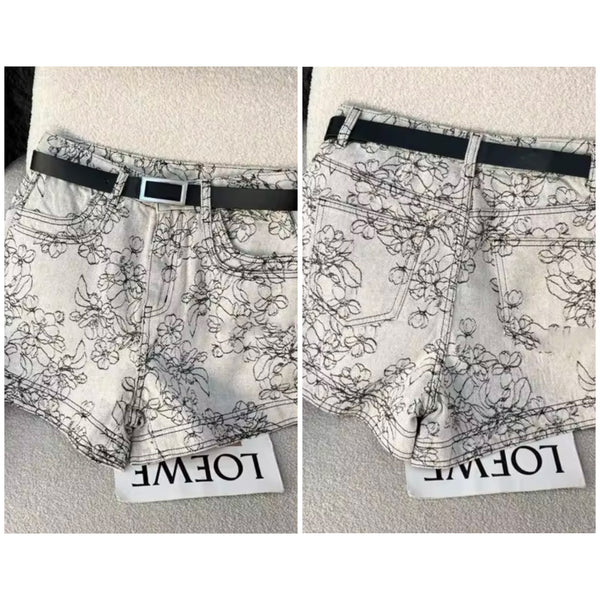 Women Fashion Gray Embroidered Floral Denim Shorts
