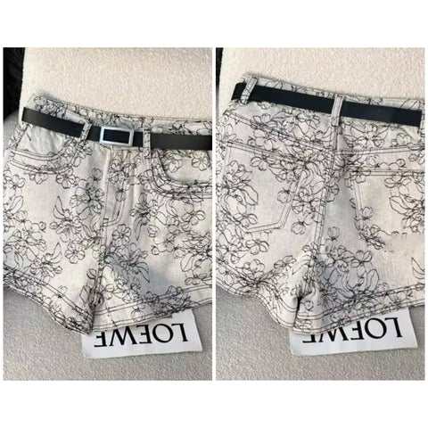 Women Fashion Gray Embroidered Floral Denim Shorts