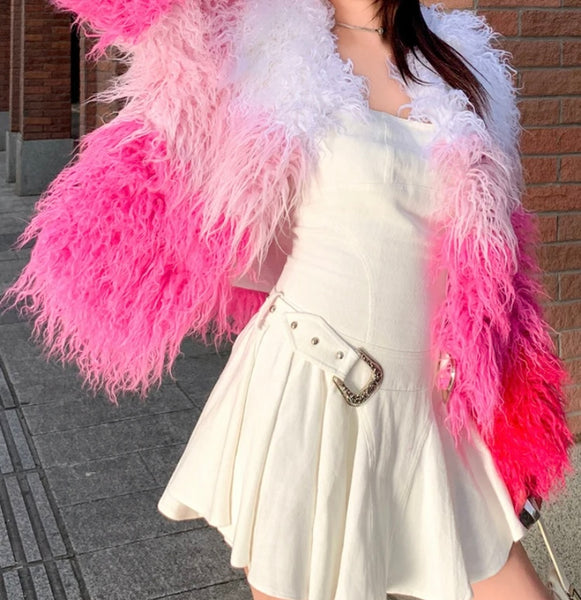 Women Fashion Pink Gradient Faux Fur Jacket