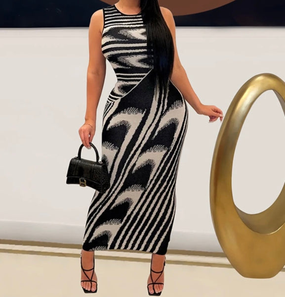 Women Sexy Sleeveless Color Patchwork Printed Maxi Dress