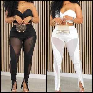 Women Strapless Sexy Two Piece Mesh Patchwork Pant Set
