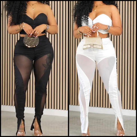 Women Strapless Sexy Two Piece Mesh Patchwork Pant Set