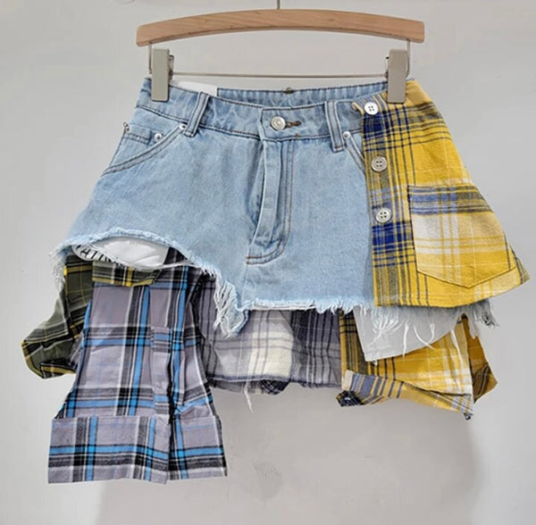 Women Fashion Colorful Plaid Patchwork Denim Skirt