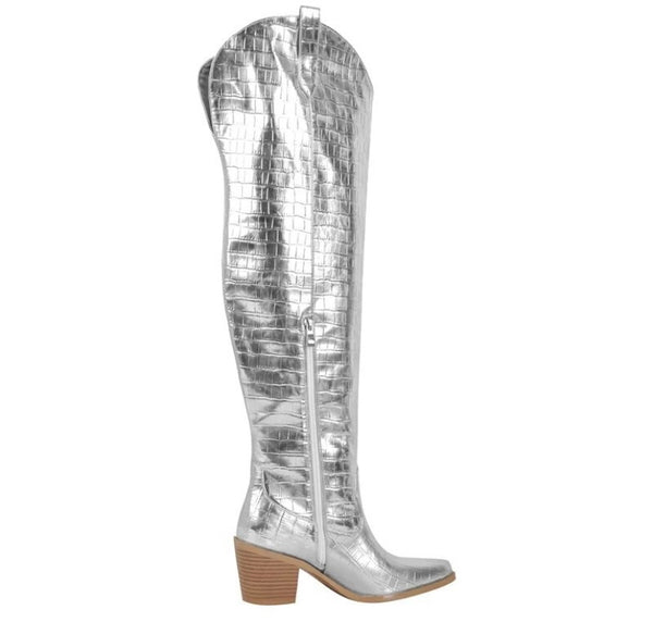 Women Silver Fashion Knee High Western Boots