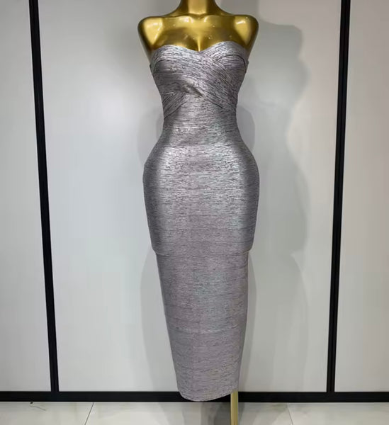 Women Silver Sexy Strapless Bandage Maxi Dress