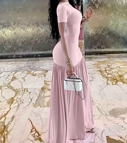 Women Sexy Pink Short Sleeve Pleated Maxi Dress