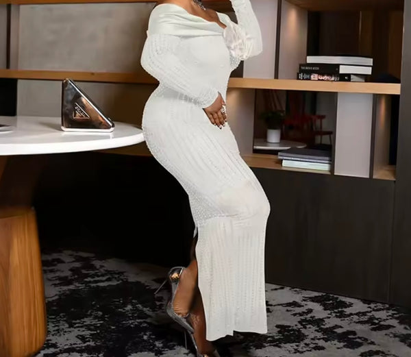 Women Sexy Off The Shoulder Full Sleeve Rhinestone Maxi Dress