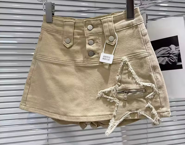 Women Fashion Zipper Star Button Up Denim Wrap Shorts